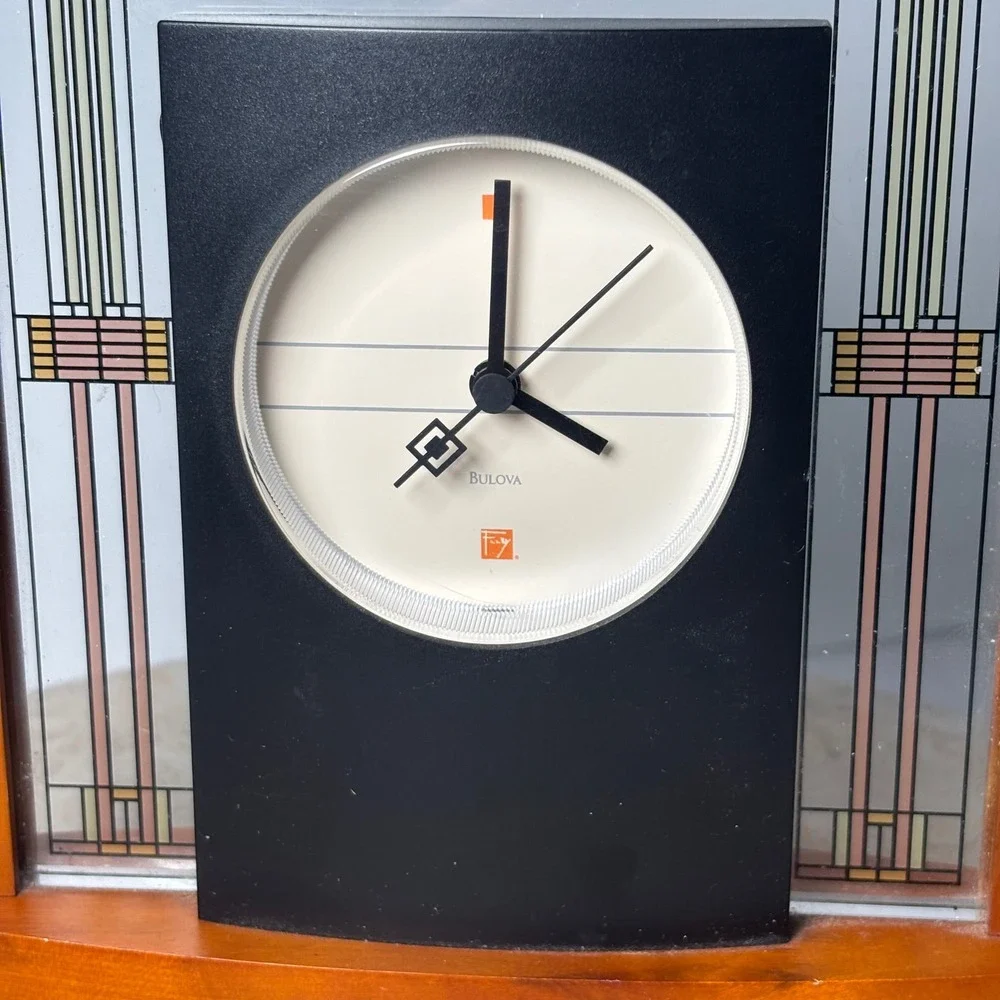 Bulova Frank Lloyd Wright Exhibition Table Clock Brown Wood Glass Mission FLAW